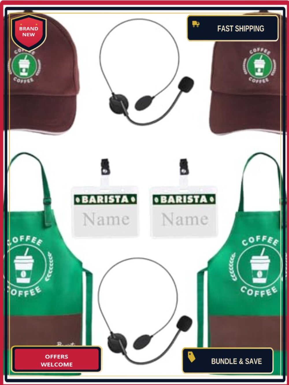 2 Pack Barista Costume Set Aprons Hats Name Cards Headsets